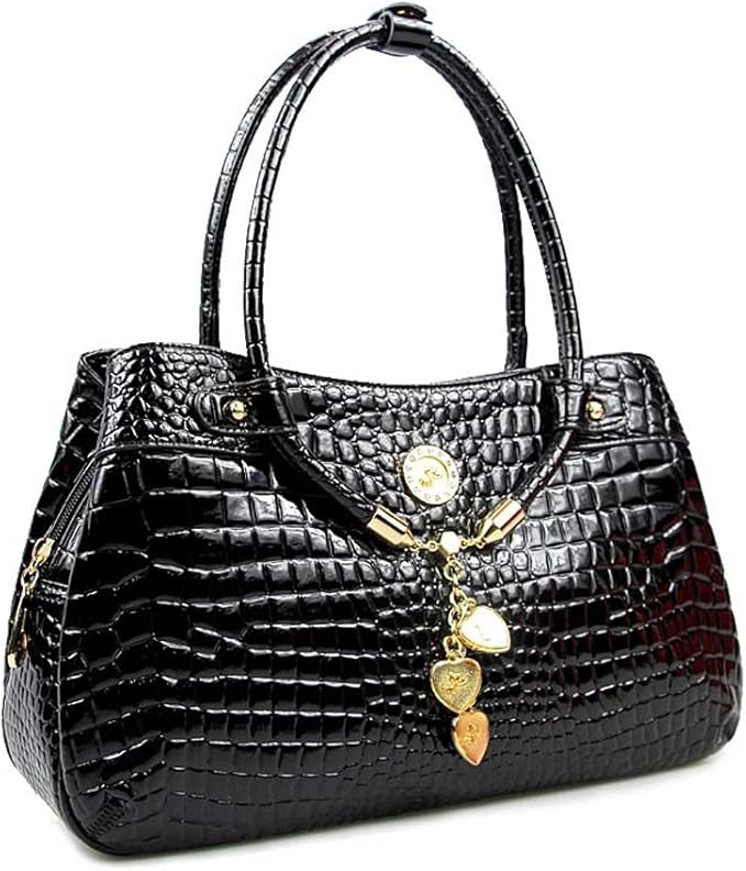 goldfish香港金鱼 欧美丽人金属吊坠漆皮车线斜纹黑色手提斜跨女包