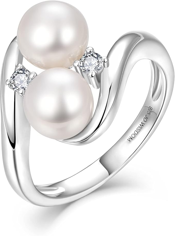 jo wisdom 珍珠戒指,925 纯银方晶锆石女士戒指带两颗珍珠 7mm 白色