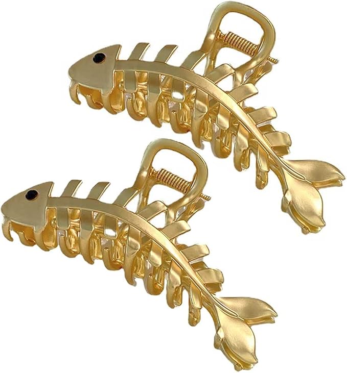 2 件鱼形发爪夹大金属鱼骨发钳防滑发条发夹女士和女孩