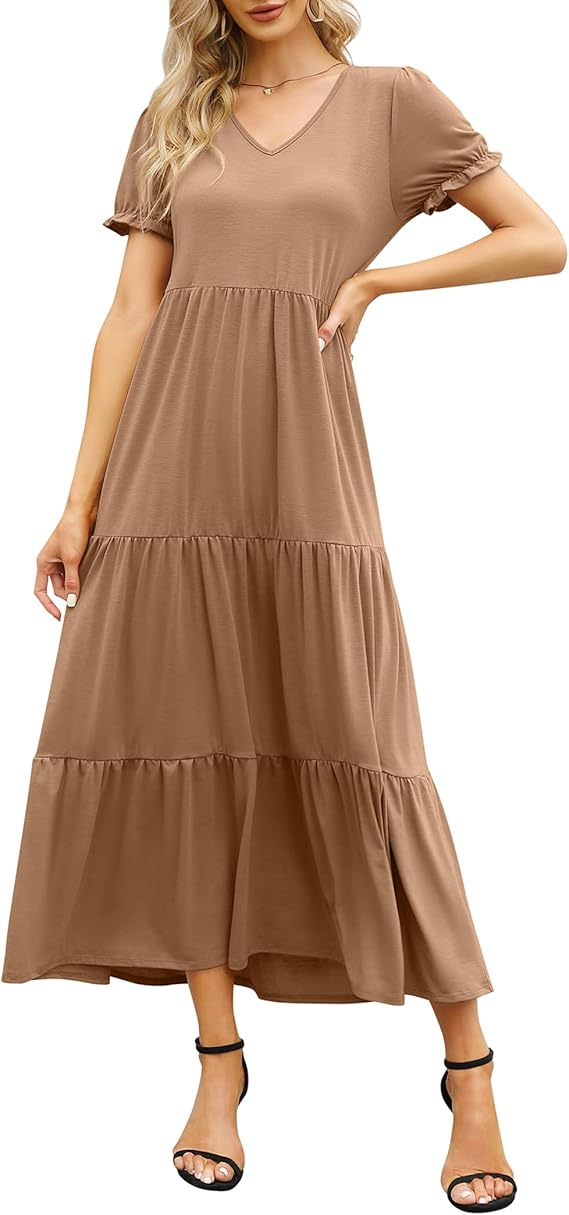 kojooin 多层中长款连衣裙,高腰 v 领褶皱袖女式休闲宽松飘逸飘逸直筒