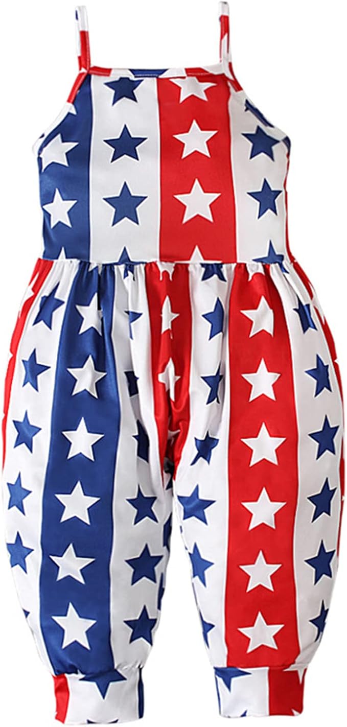 7 月 4 日服装幼儿女婴星星连身裤吊带露背独立日连衫裤