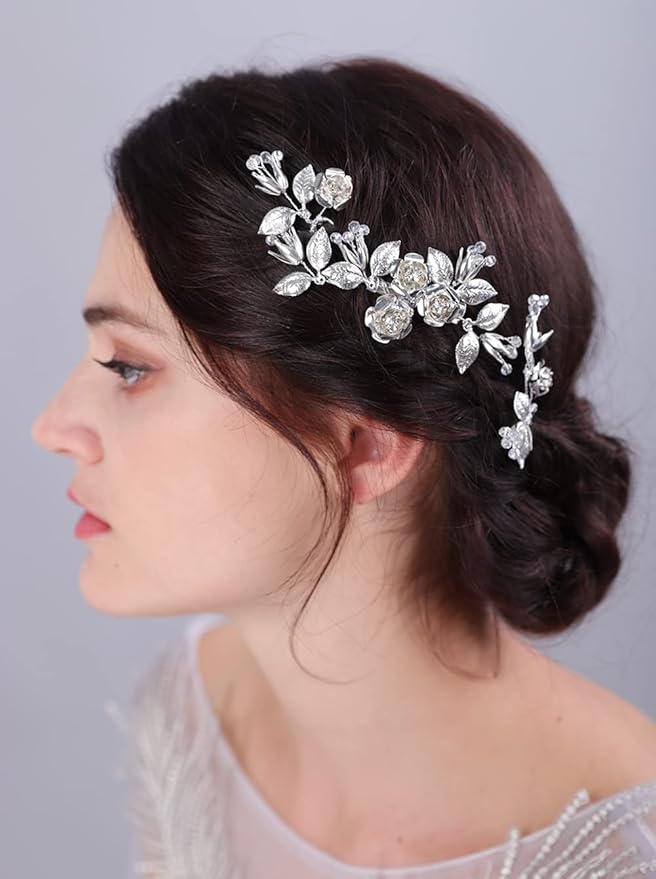 jwicos 新娘婚礼发夹新娘发夹花朵婚礼头饰叶子婚礼发饰适合女士和