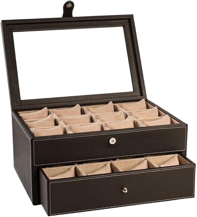 perr07 | 真皮表壳 高级手表珠宝收纳盒收纳盒带玻璃盖的收纳盒.