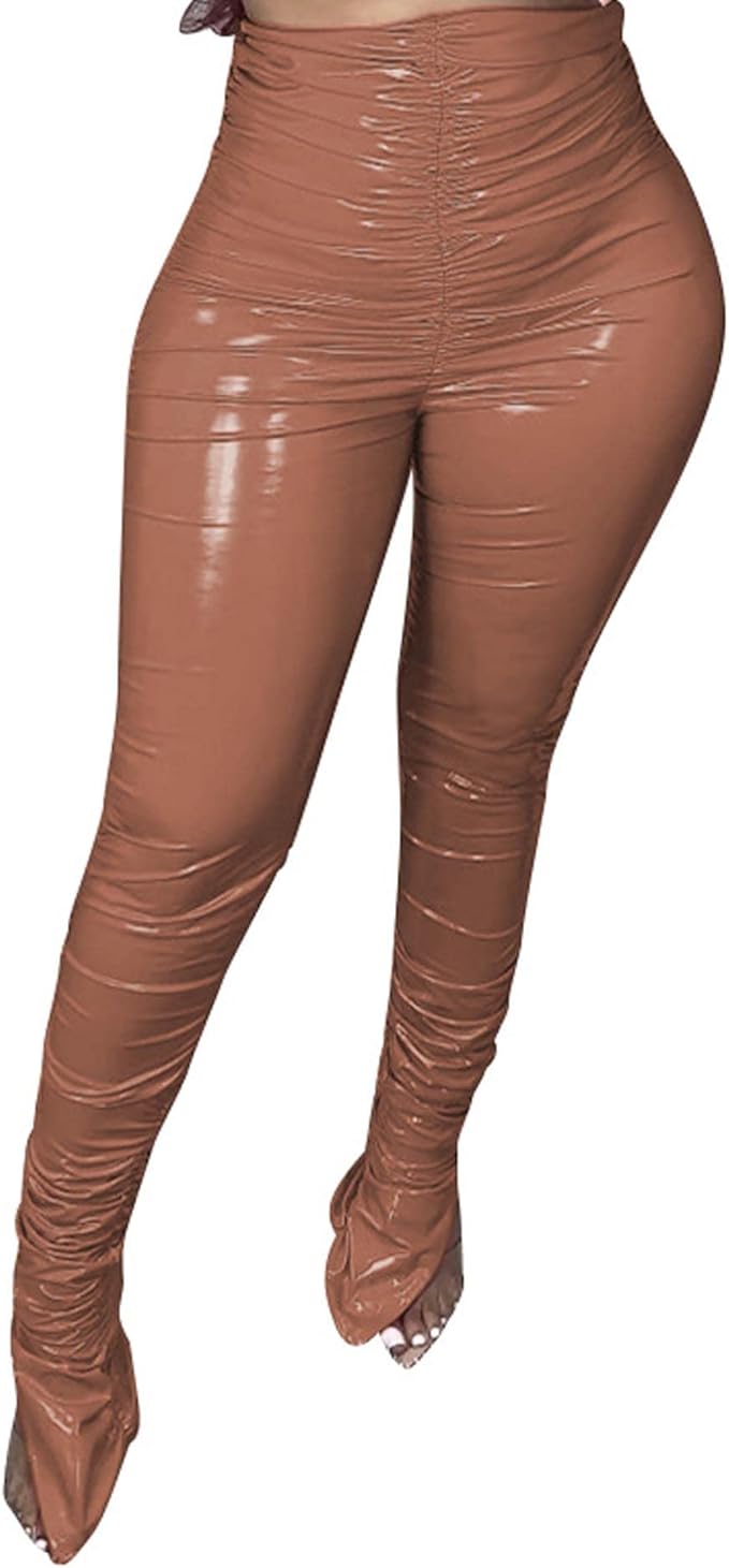 xxxiticat 女式褶皱 pu 皮裤高腰紧身褶饰开叉下摆仿皮俱乐部紧身裤