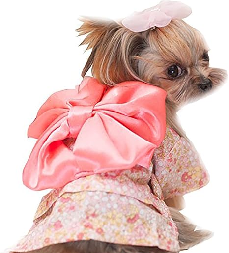Systond 狗狗衣服春装花朵漂亮夏日宠物衣服小狗日本和服猫公主服装服装外套带可爱的蝴蝶结 适合中小型犬t 恤05 粉红色