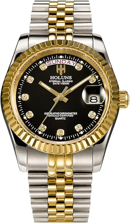 loreo 男士石英金色手表钻石表盘不锈钢手链蓝宝石玻璃连衣裙经典日期