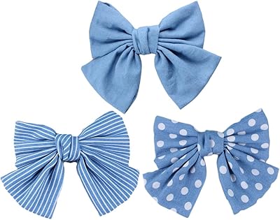 蓝色牛仔发夹蝴蝶结女孩蓝色牛仔裤发夹女孩大号蝴蝶结发夹 bw01(3 件