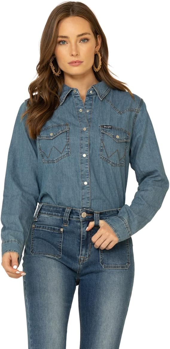 wrangler 女式长袖西式育克牛仔按扣衬衫