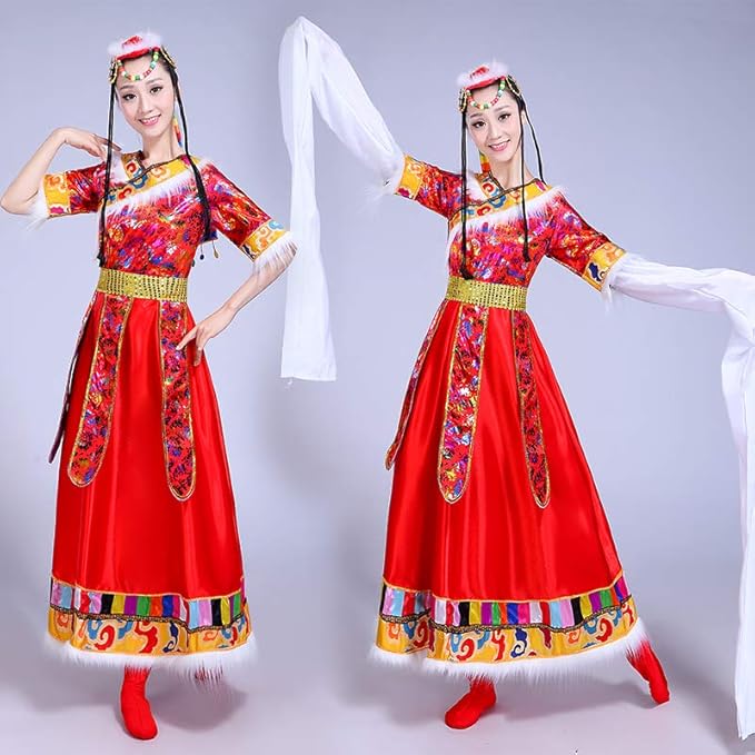 新款藏族舞蹈服饰民族服装藏族水袖女少数民族服饰舞台装卓玛红色xl 咭木咭木 服饰箱包 亚马逊中国
