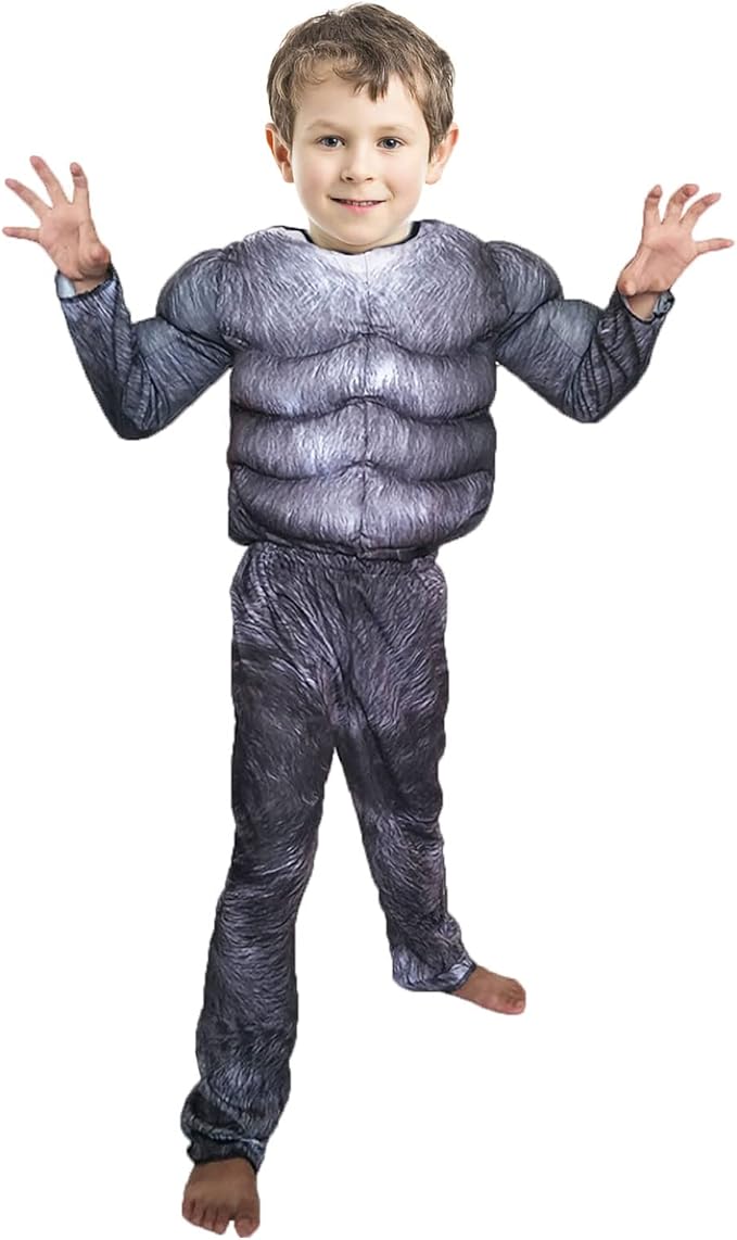 儿童肌肉狼套装带狼面具,男孩满月狼人服装服装,儿童恐怖怪物装扮万圣