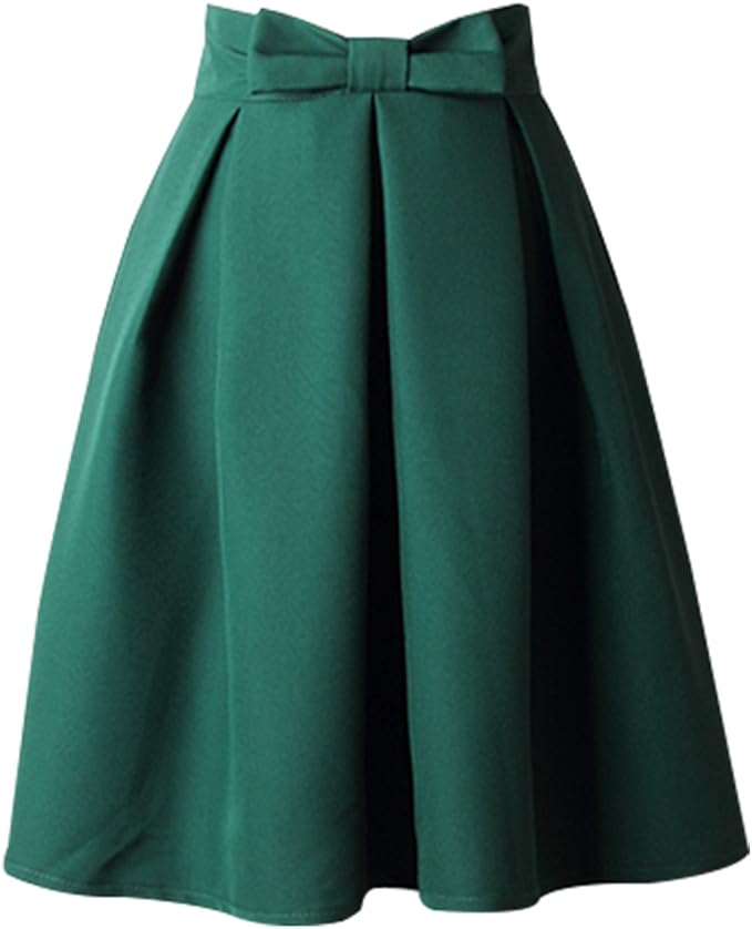 aivtalk 女士高腰褶皱裙蝴蝶结复古喇叭裙中长裙