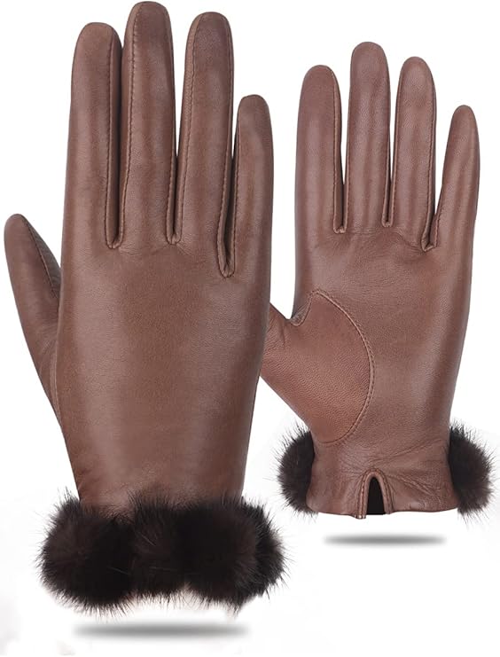 fioretto女士狐狸皮触摸屏皮革手套意大利羊皮保暖黑色驾驶