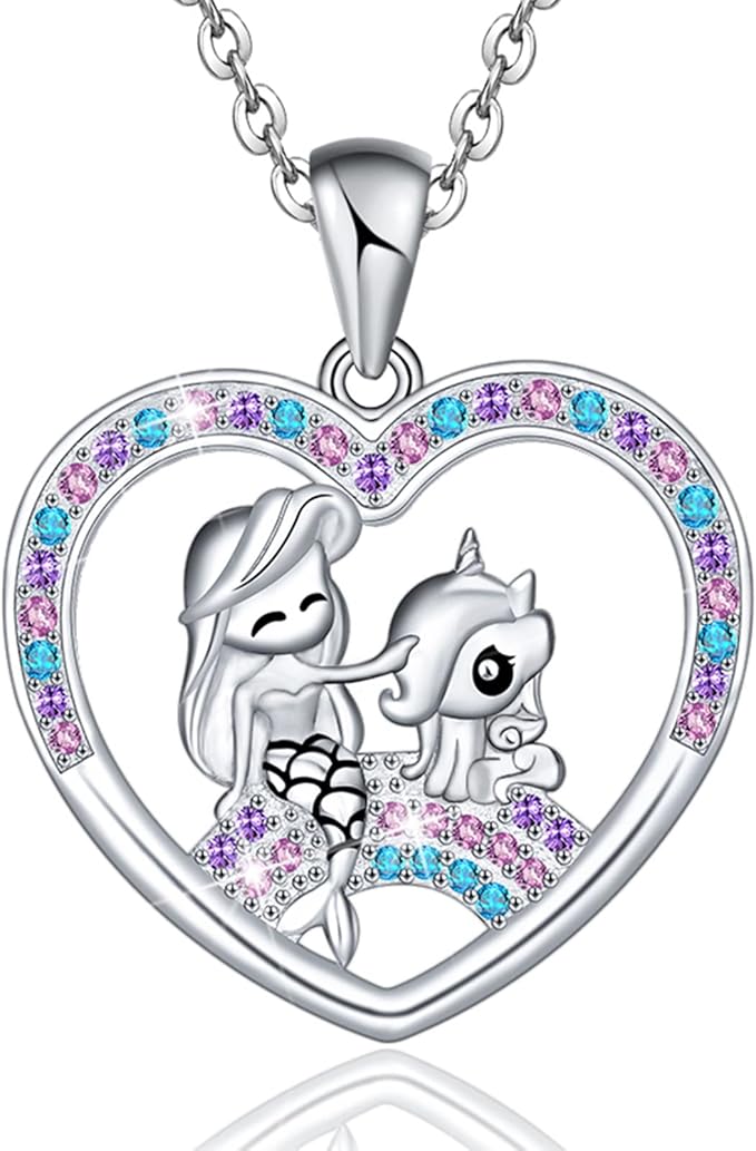 hxillery 独角兽项链女式 925 纯银 cz 心形吊坠独角兽首饰圣诞节生日