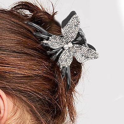 flatser 蝴蝶发夹 黑色水晶发夹 厚发夹 舞会派对发饰 女式