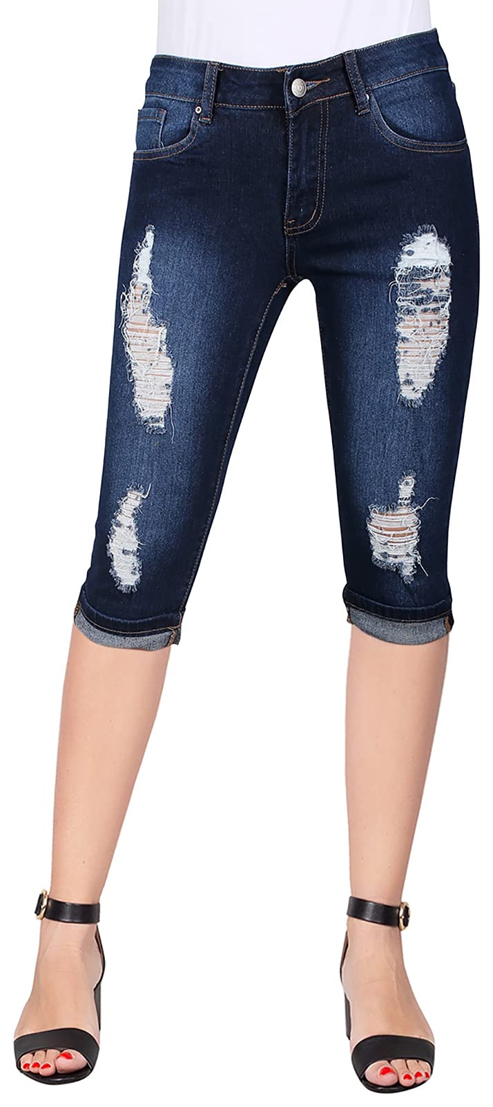 LUV Women's Stretch 5 pocket skinny mid-waist capri jeans ripped jeans