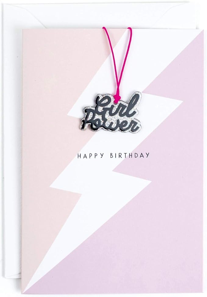 hotchpotch 女孩力量生日快乐卡片,带女孩力量塑料项链