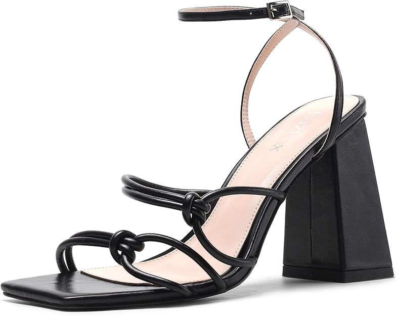 fazfex 女士搭扣踝带粗跟凉鞋方头交叉系带性感俱乐部派对礼服鞋