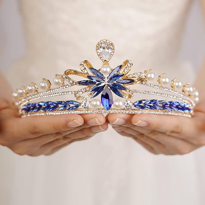 女士水晶女王皇冠头饰头饰头饰生日派对盛会婚礼舞会万圣节服装(蓝色)