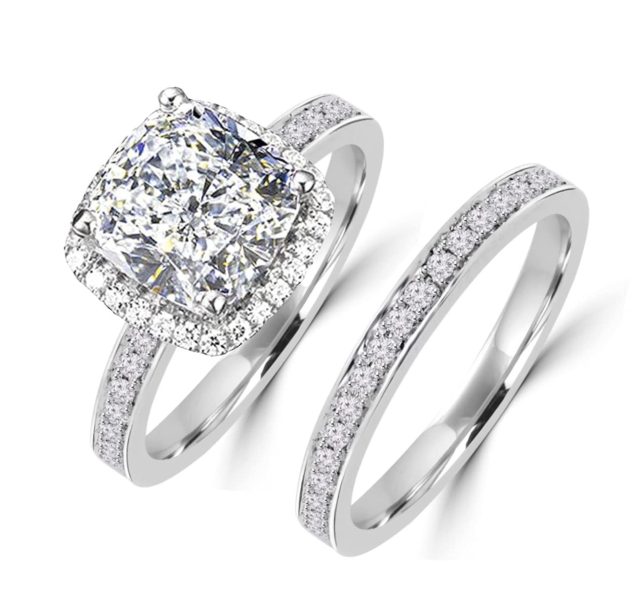 Diamonbella 0 facets Carat Princess Pillow cut NSCD imitation diamond Ring Set Solid color 95 silver halo