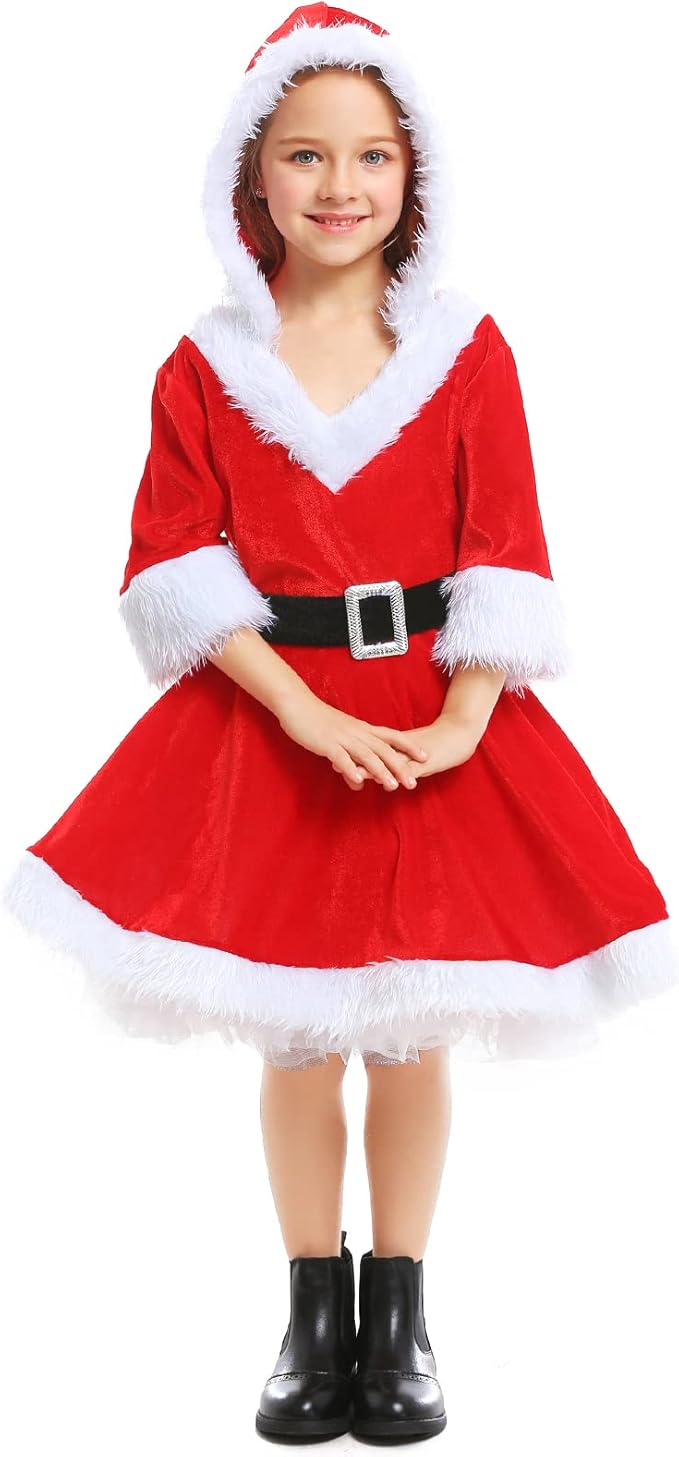 圣诞圣诞老人化妆舞会女孩圣诞老人服装红色圣诞连衣裙儿童圣诞老人