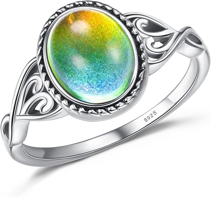 925 纯银心情戒指 18k 白金镀手工椭圆形维多利亚风格单粒戒指温度