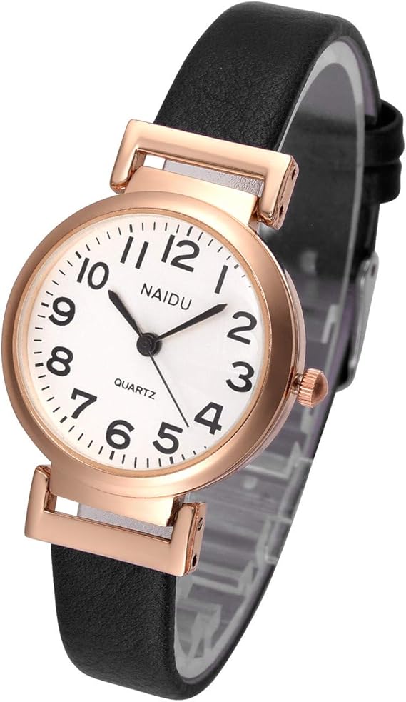 top plaza 女式经典简约皮革模拟腕表玫瑰金表壳阿拉伯数字休闲礼服