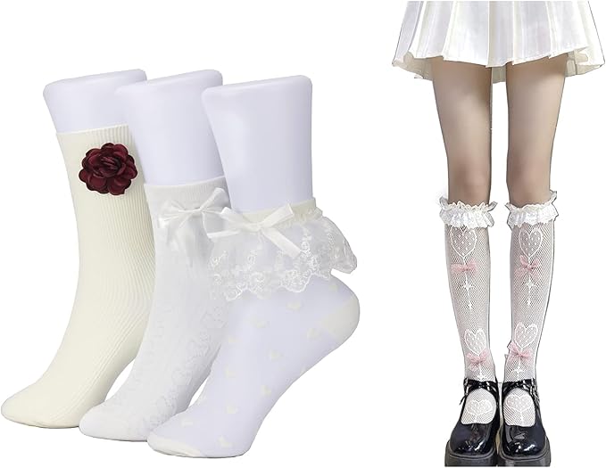 kuorey 女式踝袜珍珠蕾丝小腿袜 lolita 蝴蝶结过膝长筒袜 公主袜