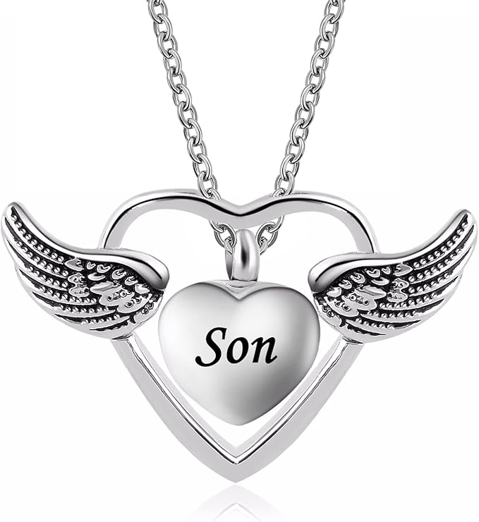 ysahan 天使之翼骨架项链心形爱火葬纪念盒式灰烬纪念品不锈钢吊坠