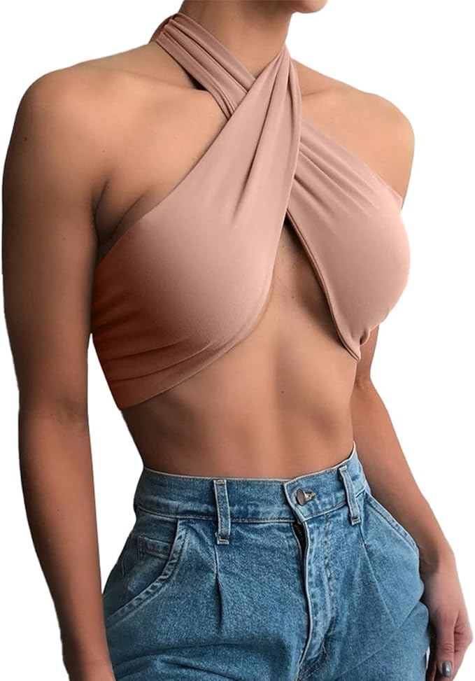 女式性感交叉系带颈部绷带露脐上衣无袖露背镂空上衣吊带背心衬衫