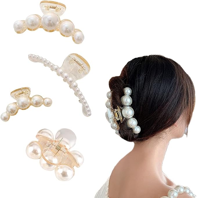 pearl 发爪夹女士女孩大号发夹 珍珠发夹 无滑动造型发夹 珍珠发爪