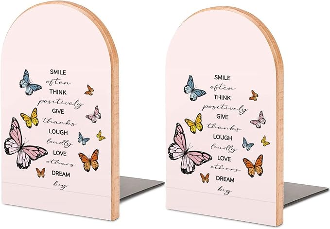 Book Ends Bookends for Shelves to Hold Books Positive Quote 蝴蝶印花小号防滑书塞木