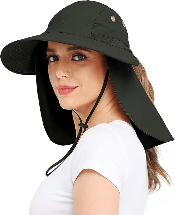 女式户外遮阳帽,带防紫外线宽边,徒步/野生动物园/钓鱼帽,带颈部翻盖