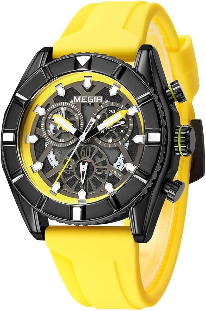 megir 男式石英手表军事运动计时腕表 带自动日期硅胶表带