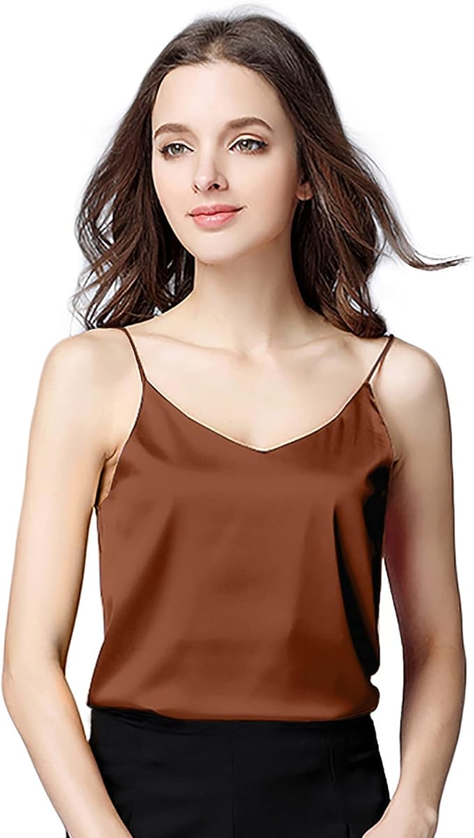 runbery 性感女式丝绸背心女士吊带丝质宽松无袖女衬衫带软缎 v-gray