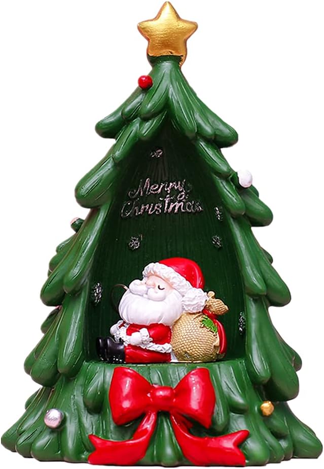 aebor 树脂圣诞树桌面圣诞树灯,带灯手绘迷你圣诞树圣诞老人,适用于
