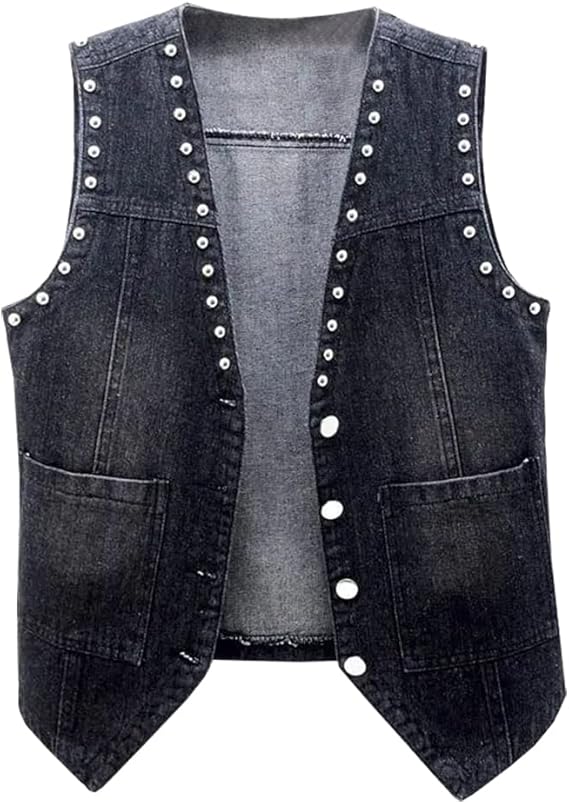scofeel 女式无袖牛仔夹克系扣水洗铆钉装饰牛仔背心