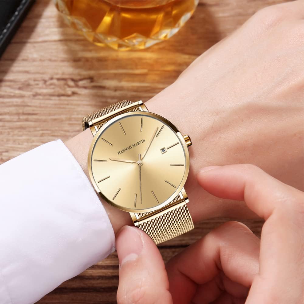 hannah martin 时尚男士手表日历商务风格手表, 金色 : 亚马逊中国