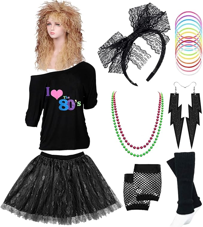 Z Shop 80 年代服装女士配件 世纪80 年代衬衫服装 暖腿 摇臂假发 麦当娜芭蕾舞短裙 适合万圣节 亚马逊中国 玩具