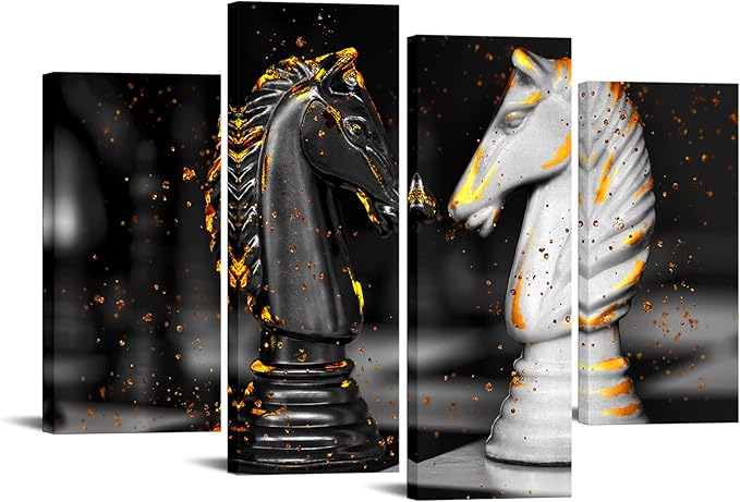 knights 墙壁艺术黑色白金艺术国际象棋绘画黑色与白色国际象棋骑士板