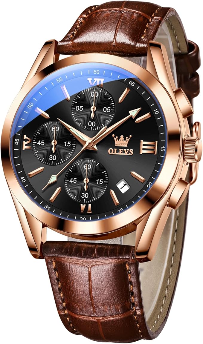 olevs 男式手表皮革表带模拟石英手表,时尚大表盘日期防水手表,正装