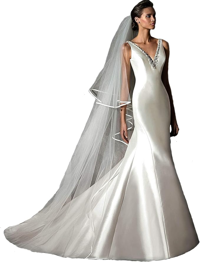 passat 丝绸丝带大教堂婚礼面纱长款缎面饰边新娘面纱 blusher 经典