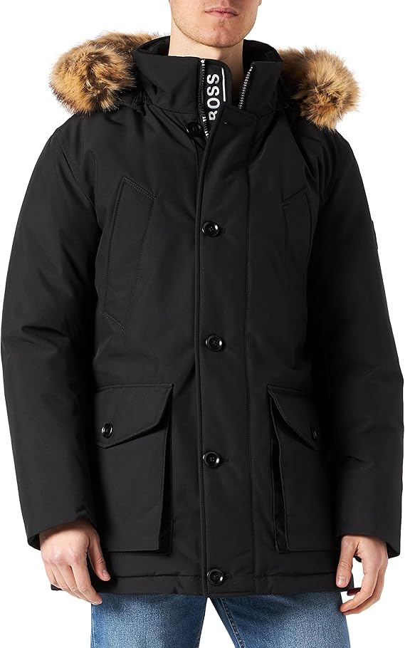 boss 男士 osias-hc 羽绒填充派克大衣,带可拆卸人造毛边连帽