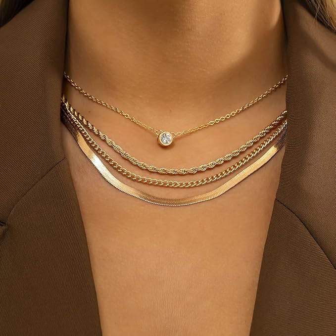 bethynas 嘻哈分层金属项链套装 4 件套 堆叠扁平蛇骨链 绳扭链 古巴