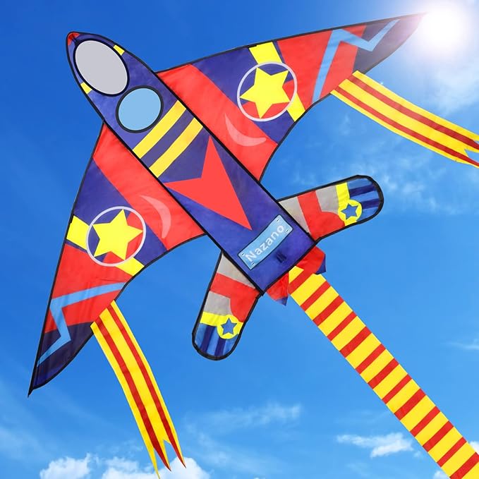 nazano 飞机风筝带长彩色尾巴,适合儿童成人户外游戏活动,海滩旅行