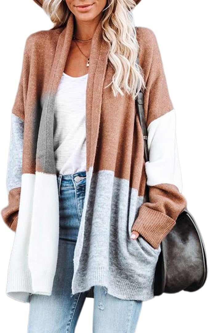 女式开襟开衫波西米亚拼色长袖毛衣超大宽松针织轻质上衣