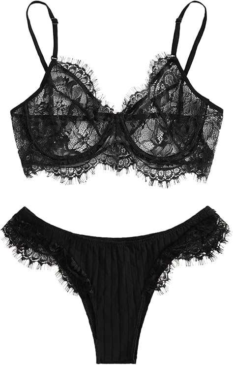 sweatyrocks 女式性感蕾丝网眼内衣文胸和内裤 2 件套