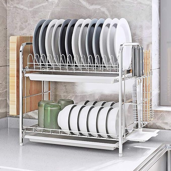 不锈钢厨房双层碗碟架和收纳架带托盘 : 亚马逊中国: 厨具