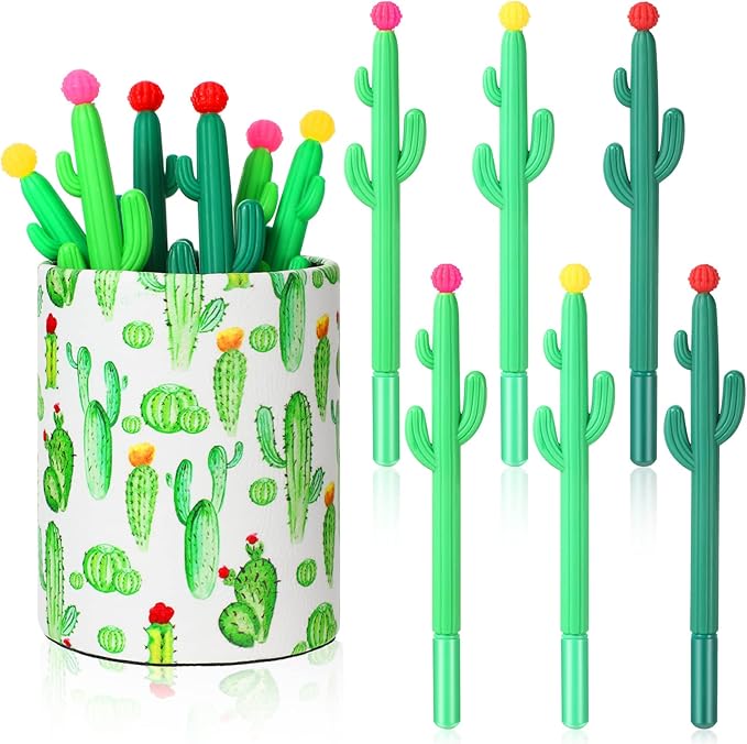 仙人掌笔筒带 6 支仙人掌笔,铅笔杯用于桌面化妆刷架仙人掌圆珠笔黑色