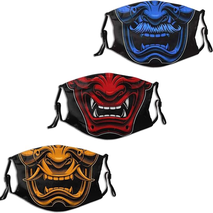 3 件布面面具日本武士oni 面罩,带 6 个可更换过滤器