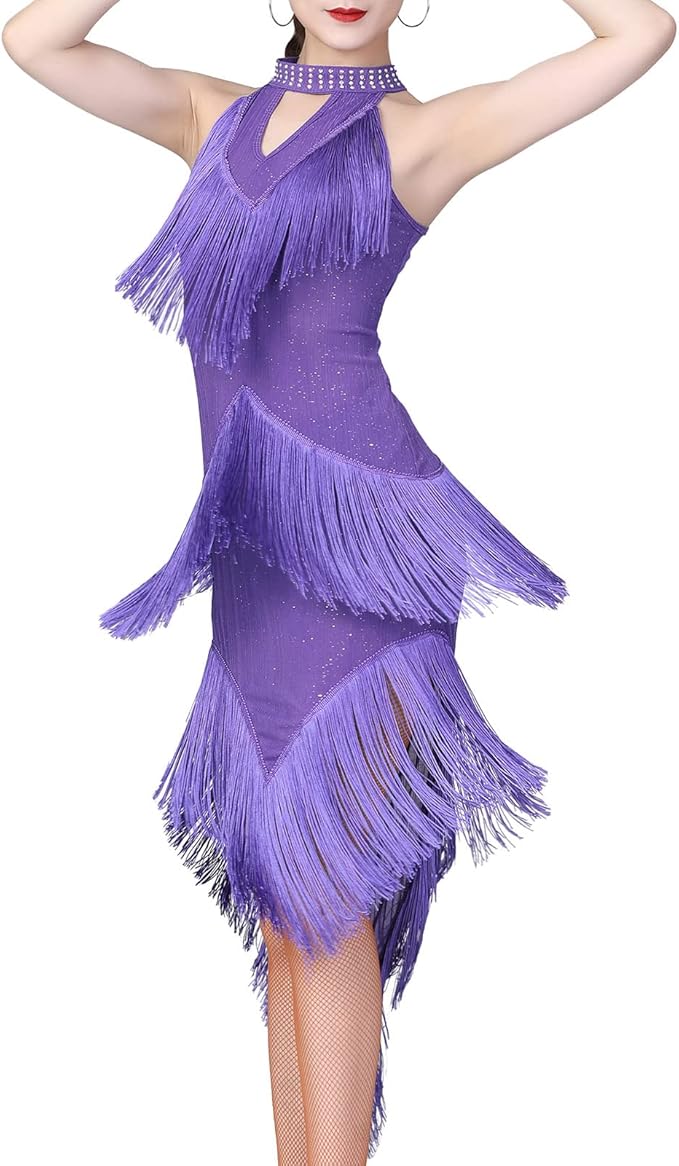 世纪 20 年代流苏流苏飞来波舞服装挂脖 v 领不对称萨尔萨拉丁茶探戈